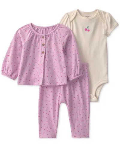 Carter's Baby Girls' Cherry Bodysuit, Cardigan And Pants, 3-piece Set In Multi