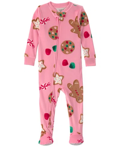 Carter's Baby Girls' Christmas Gingerbread 2-way Zip Dreamplush Footed Pajama In Pink