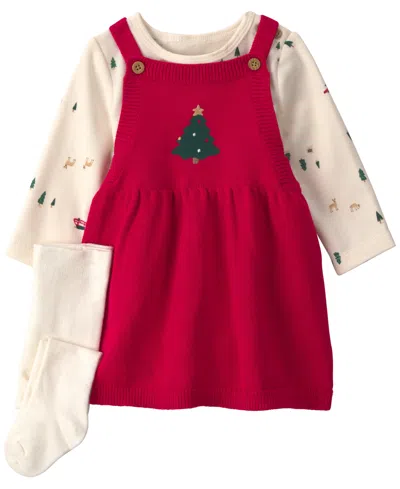 Carter's Baby Girls' Christmas Tree Crewneck T-shirt, Dress And Tights, 3-piece Set In Red,cream