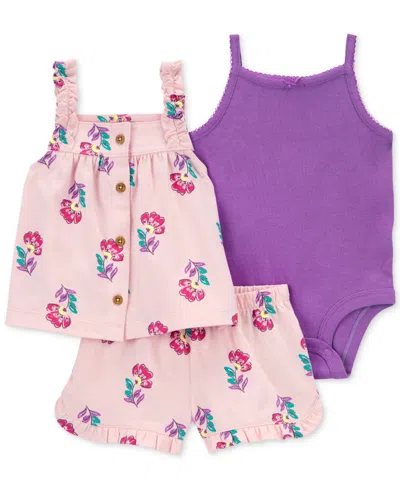 Carter's Baby Girls Cotton Bodysuit, Floral-print Top & Shorts, 3 Piece Set In Pink