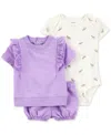 Carter's Baby Girls Cotton Bodysuit, Flutter Top & Shorts, 3 Piece Set In Purple