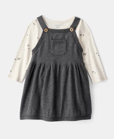 Carter's Baby Girls Cotton Bow-print Long-sleeve Bodysuit & Jumper Dress, 2 Piece Set In Black