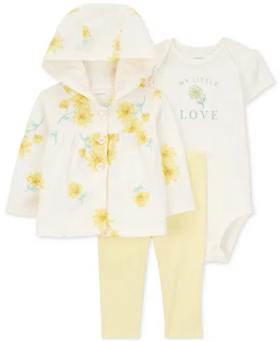 Carter's Baby Girls Cotton Floral Hooded Cardigan, Bodysuit & Pants, 3 Piece Set In Yellow