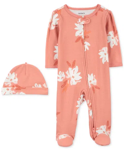 Carter's Baby Girls Cotton Floral-print Footed Sleep & Play Coverall & Cap, 2 Piece Set In Pink