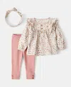 Carter's Baby Girls Cotton Floral-print Headwrap, T-shirt & Pants, 3 Piece Set In Multi