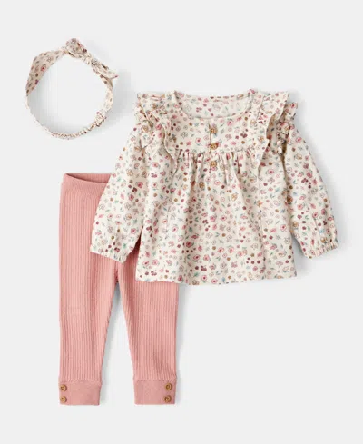 Carter's Baby Girls Cotton Floral-print Headwrap, T-shirt & Pants, 3 Piece Set In Multi