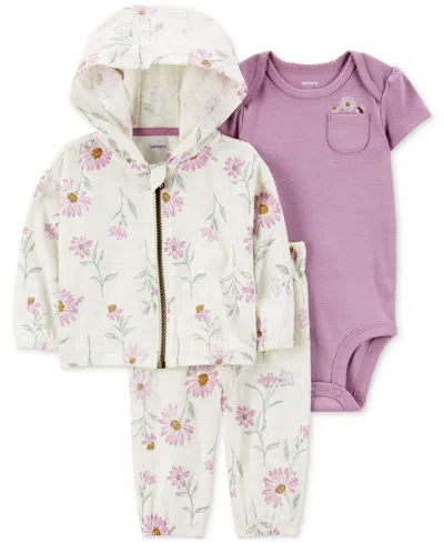 Carter's Baby Girls Cotton Floral-print Little Hooded Jacket, Bodysuit & Pants, 3 Piece Set In Ivory