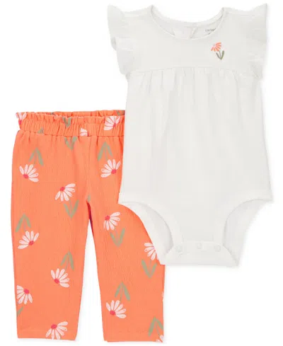 Carter's Baby Girls Cotton Flutter-sleeve Bodysuit & Floral-print Pants, 2 Piece Set In Orange