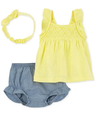 Carter's Baby Girls Cotton Headwrap, Top & Chambray Diaper Cover, 3 Piece Set In Yellow