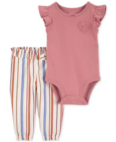 Carter's Baby Girls Cotton Heart Bodysuit & Striped Pants, 2 Piece Set In Multi