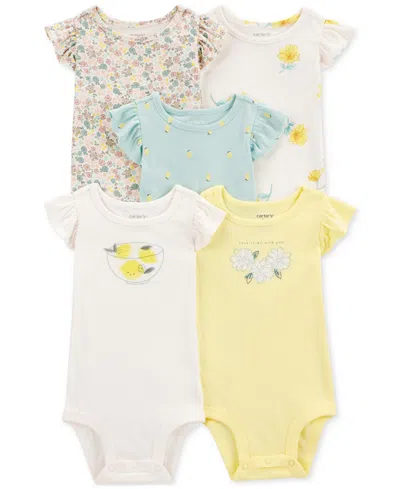 Carter's Baby Girls Cotton Short-sleeve Lemon Bodysuits, Pack Of 5 In Yellow Multi