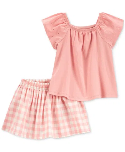 Carter's Babies' Toddler Girls Cotton Top & Gingham Skort, 2-piece Set In Pink