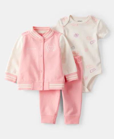 Carter's Baby Girls Cotton Varsity Freshman Little Jacket, Bodysuit & Pants, 3 Piece Set In Pink