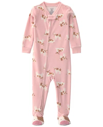 Carter's Carters Baby Girls' Cow 2-way Zip Dream Plush Snug-fit Footed Pajama In Pink