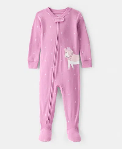 Carter's Baby Girls Cowgirl Cow Applique 100% Cotton Long-sleeve 2-way-zip 1-piece Footed Pajamas In Pink