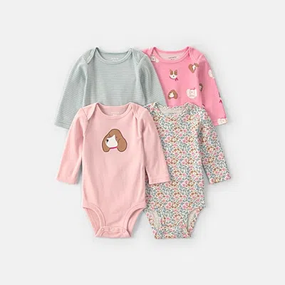 Carter's Baby Girls Crew Neck Long Sleeve 4-pc. Bodysuit In Pink