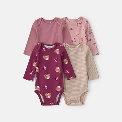Carter's Baby Girls Crew Neck Long Sleeve 4-pc. Bodysuit In Pink
