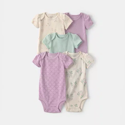 Carter's Baby Girls Crew Neck Short Sleeve Rib 5-pc. Bodysuit In Purple