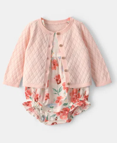 Carter's Baby Girls' Crewneck Cardigan And Floral Bubble Romper, 2-piece Set In Pink