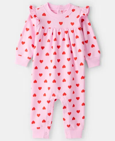 Carter's Baby Girls Daydream Fleece Heart Long-sleeve Jumpsuit In Pink