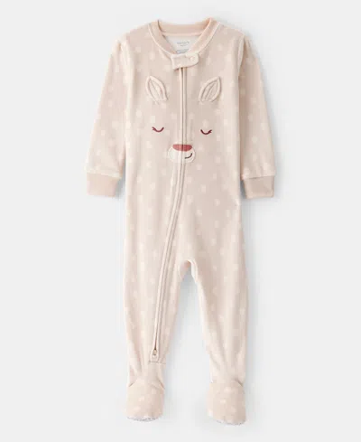 Carter's Baby Girls Deer-print Velboa Loose-fit Long-sleeve 2-way-zip 1-piece Footed Pajamas In Neutral
