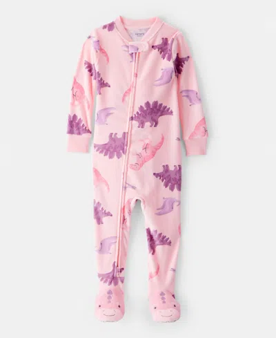 Carter's Baby Girls Dinosaur-print Loose-fit 2-way-zip 1-piece Footed Pajamas In Pink