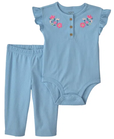 Carter's Baby Girls' Floral Bodysuit And Pant, 2-piece Set In Blue