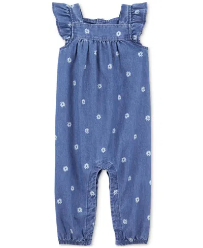 Carter's Baby Girls Floral Cotton Chambray Jumpsuit In Blue