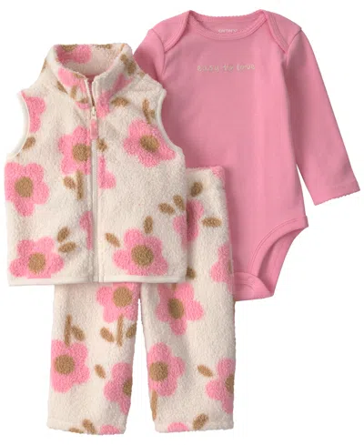 Carter's Baby Girls' Floral Fleece Vest, Long-sleeve Bodysuit And Pants, 3-piece Set In Pink