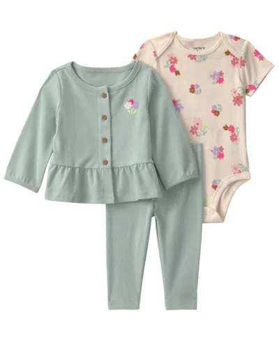 Carter's Baby Girls' Floral Layering Long-sleeve Top, Bodysuit And Pant, 3-piece Set In Multi