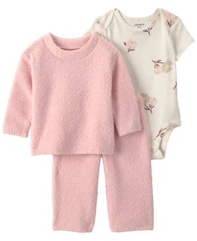 Carter's Baby Girls' Floral Layering Top, Bodysuit, And Pants, 3-piece Set In Pink
