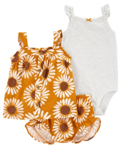 Carter's Baby Girls Floral Little Shorts, Top And Bodysuit, 3 Piece Set In Yellow