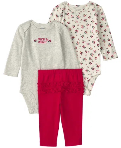 Carter's Baby Girls' Floral Long-sleeve Bodysuits And Pants, 3-piece Set In Gray