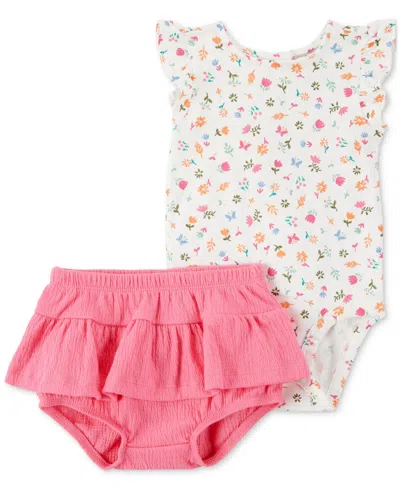 Carter's Baby Girls Floral-print Bodysuit & Diaper-cover Skort, 2 Piece Set In Pink,cream