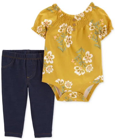 Carter's Baby Girls Floral-print Bodysuit & Knit-denim Pants, 2 Piece Set In Yellow,navy