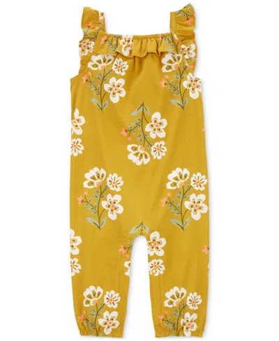 Carter's Baby Girls Floral-print Flutter-sleeve Jumpsuit In Yellow