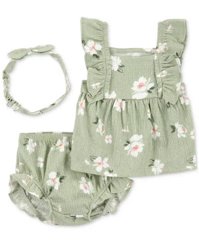 Carter's Baby Girls Floral-print Gauze Headband, Top & Shorts, 3 Piece Set In Green