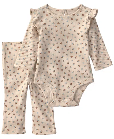 Carter's Baby Girls' Floral Print Ribbed Long-sleeve Bodysuit And Pants, 2-piece Set In Brown