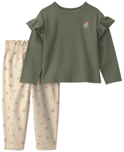 Carter's Baby Girls' Floral Print Ribbed Long-sleeve Top And Twill Pants, 2-piece Set In Green,cream