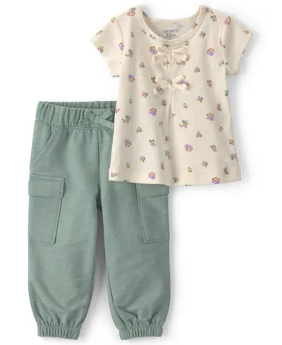 Carter's Baby Girls' Floral Print Top And Pants, 2-piece Set In Green