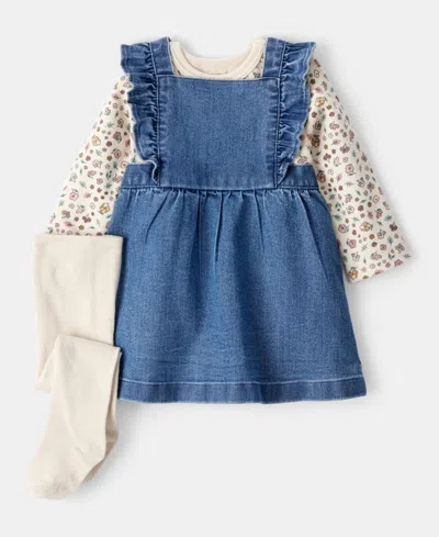 Carter's Baby Girls Floral-print Top, Denim Jumper & Footed Tights, 3 Piece Set In Blue