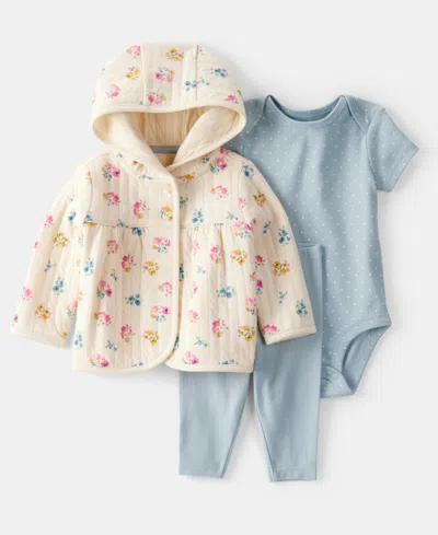 Carter's Baby Girls Floral Quilted Little Jacket, Bodysuit & Pants, 3 Piece Set In Blue