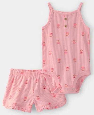Carter's Baby Girls' Floral Sleeveless Bodysuit & Shorts, 2-piece Set In Pink