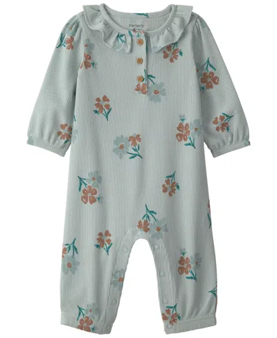 Carter's Baby Girls' Floral Thermal Long-sleeve Jumpsuit In Green
