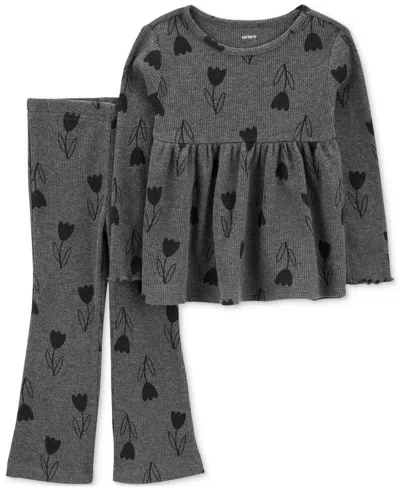 Carter's Babies' Toddler Girls Floral-print Thermal Top & Pants, 2 Piece Set In Gray