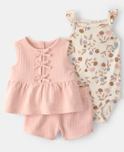 Carter's Baby Girls' Floral Top, Bodysuit, & Shorts, 3-piece Set In Pink