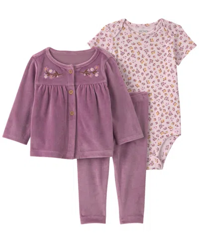 Carter's Baby Girls' Floral-embroidered Long-sleeve Velour Cardigan, Bodysuit And Pants, 3-piece Set In Purple