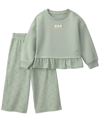 Carter's Baby Girls' Floral-print Long-sleeve Top And Flare-leg Pants, 2-piece Set In Green