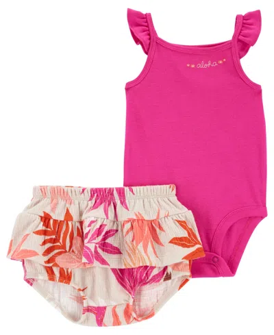 Carter's Baby Girls Flutter Bodysuit And Tropical Diaper Cover, 2 Piece Set In Pink
