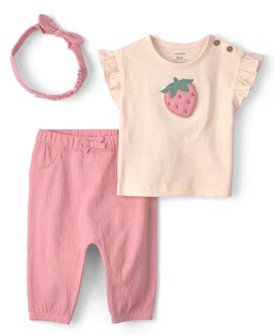 Carter's Baby Girls' Flutter Sleeve Top, Pants And Headband, 3-piece Set In Pink